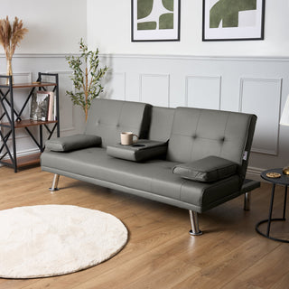The BRVCH SOFAINSTORE Montaro Grey Faux Leather 2 Seater Sofa Bed features a click-clack recliner, cupholder console, chrome legs, and cushioned comfort—sleek modern style perfect for any UK living room.
