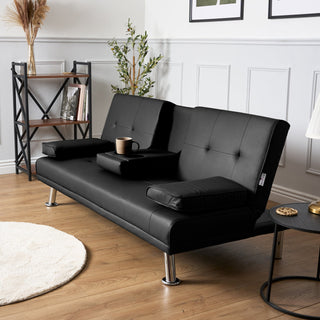SOFAINSTORE Montaro Black Faux Leather 2 Seater Sofa Bed – Click-Clack Recliner with Cupholder Console | Chrome Legs, Cushioned Comfort