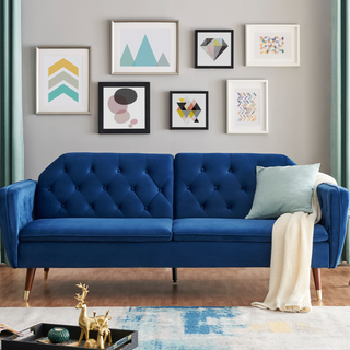 SOFAINSTORE Vellaro Blue Velvet Fabric Sofa Bed – 3 Seater | Tufted Back, Fold-Out Design, Mid-Century Modern