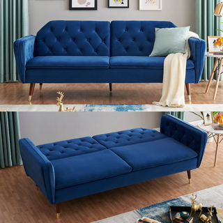 SOFAINSTORE Vellaro Blue Velvet Fabric Sofa Bed – 3 Seater | Tufted Back, Fold-Out Design, Mid-Century Modern