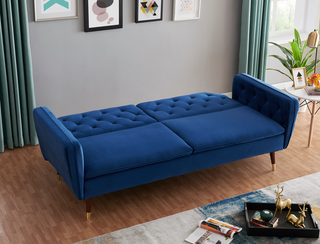 SOFAINSTORE Vellaro Blue Velvet Fabric Sofa Bed – 3 Seater | Tufted Back, Fold-Out Design, Mid-Century Modern