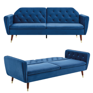 SOFAINSTORE Vellaro Blue Velvet Fabric Sofa Bed – 3 Seater | Tufted Back, Fold-Out Design, Mid-Century Modern