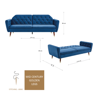 SOFAINSTORE Vellaro Blue Velvet Fabric Sofa Bed – 3 Seater | Tufted Back, Fold-Out Design, Mid-Century Modern