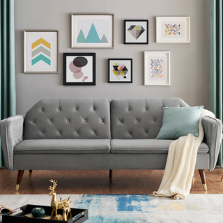 SOFAINSTORE Vellaro Grey Velvet Fabric Sofa Bed – 3 Seater | Tufted Back, Fold-Out Design, Mid-Century Modern