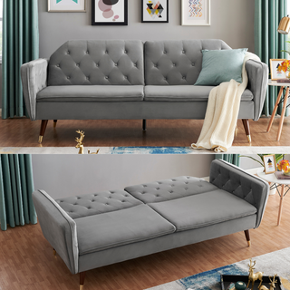 SOFAINSTORE Vellaro Grey Velvet Fabric Sofa Bed – 3 Seater | Tufted Back, Fold-Out Design, Mid-Century Modern