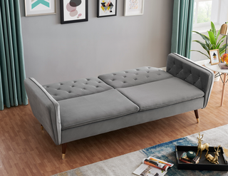SOFAINSTORE Vellaro Grey Velvet Fabric Sofa Bed – 3 Seater | Tufted Back, Fold-Out Design, Mid-Century Modern