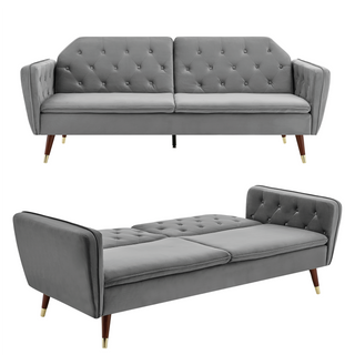 SOFAINSTORE Vellaro Grey Velvet Fabric Sofa Bed – 3 Seater | Tufted Back, Fold-Out Design, Mid-Century Modern