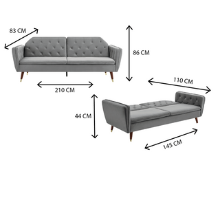 SOFAINSTORE Vellaro Grey Velvet Fabric Sofa Bed – 3 Seater | Tufted Back, Fold-Out Design, Mid-Century Modern