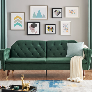 SOFAINSTORE Vellaro Green Velvet Fabric Sofa Bed – 3 Seater | Tufted Back, Fold-Out Design, Mid-Century Modern