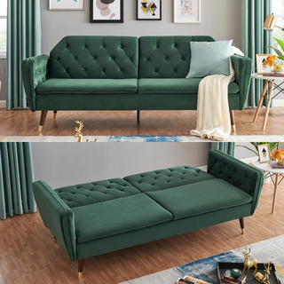 SOFAINSTORE Vellaro Green Velvet Fabric Sofa Bed – 3 Seater | Tufted Back, Fold-Out Design, Mid-Century Modern