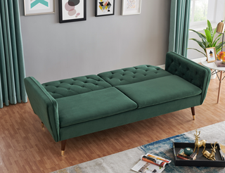 SOFAINSTORE Vellaro Green Velvet Fabric Sofa Bed – 3 Seater | Tufted Back, Fold-Out Design, Mid-Century Modern