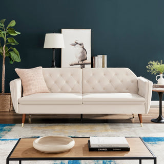 SOFAINSTORE Vellaro Cream Velvet Fabric Sofa Bed – 3 Seater | Tufted Back, Fold-Out Design, Mid-Century Modern