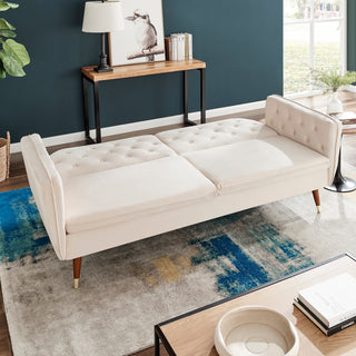 SOFAINSTORE Vellaro Cream Velvet Fabric Sofa Bed – 3 Seater | Tufted Back, Fold-Out Design, Mid-Century Modern