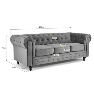Grey Velvet Chesterfield 3 Seater Sofa