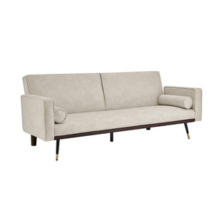 SOFAINSTORE Juvana Cream Suede Fabric Sofa Bed – 3 Seater | Click-Clack Mechanism, Gold Tip Legs, Split Back Design, Toss Pillows Included