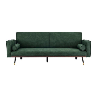SOFAINSTORE Juvana Green Suede Fabric Sofa Bed – 3 Seater | Click-Clack Mechanism, Gold Tip Legs, Split Back Design, Toss Pillows Included
