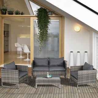 Outsunny 4 Pieces PE Rattan Garden Furniture with Cushion, Outdoor Wicker Conservatory Sofa Set w/ Armchairs, Loveseat, Glass Top Coffee Table, Dark Drey - Sofa In Store