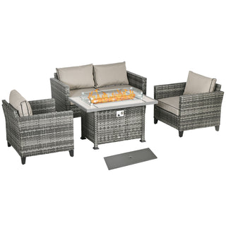 Outsunny 5-Piece Rattan Patio Furniture Set with Gas Fire Pit Table, Loveseat Sofa, Armchairs, Cushions, Pillows, Grey - Sofa In Store