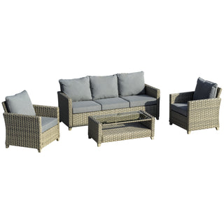 Outsunny 4 Pieces Patio Wicker Sofa Set, Outdoor PE Rattan Sectional Conversation Aluminium Frame Furniture Set w/ Padded Cushion & 2-Tier Tea Table, Brown - Sofa In Store