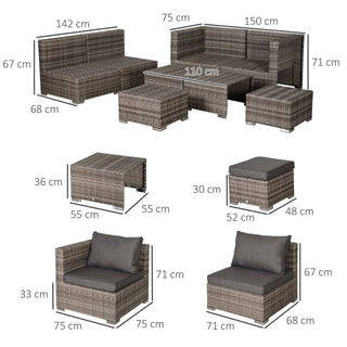 Outsunny 8 Pieces Rattan Garden Furniture Set, Garden Corner Sofa Set with 4 Chairs, 2 Footstools, 2 Coffee Tables and Cushions, Space-Saving Design, No Assembly Required, Grey - Sofa In Store