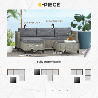 Outsunny 5-Piece Rattan Patio Furniture Set with Corner Sofa, Footstools, Coffee Table, for Poolside, Dark Grey - Sofa In Store