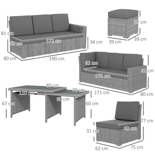 A labeled image displays the Outsunny Seven-Piece Rattan Garden Sofa Set with Expanding Table in light grey, featuring a 3-seat sofa, 2-seat sofa, chair, stool, and rectangular table, each with dimensions in centimeters.