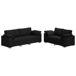 The vidaXL 2 Piece Sofa Set with Cushions in black fabric includes one three-seater and one two-seater, both designed for modern living rooms with wide armrests, plush cushions, and low block-style legs for contemporary comfort.