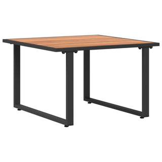 A square table with a wooden top and black metal legs, ideal to pair with the vidaXL SOFAINSTORE 2 Piece Garden Armchair Set – Light Grey Cushions, Black Frame for stylish outdoor lounging.
