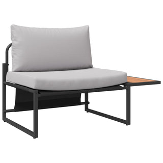 The SOFAINSTORE 2 Piece Garden Armchair Set by vidaXL features outdoor lounge chairs with a black frame, light grey cushions, and an attached wooden side table—an ideal addition to any patio or vidaXL Garden Sofa Set.