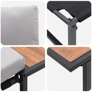 Four close-up images highlight the vidaXL SOFAINSTORE 2 Piece Garden Armchair Set: light grey cushions, a black frame, mesh fabric, a wooden surface with cushion, and a wooden tabletop with black metal edge on an outdoor lounge chair.