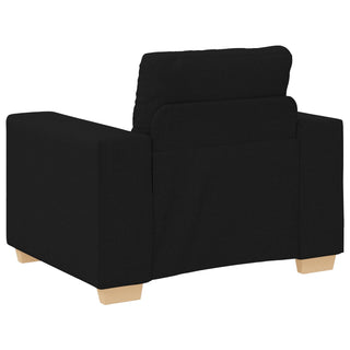 A black upholstered armchair with wide armrests, cushioned back, and light wooden legs—an ideal match for the vidaXL 3-Piece Sofa Set with Cushions in Black Fabric or for pairing with any modern vidaXL sofa.
