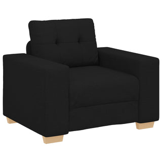 The vidaXL 3-Piece Sofa Set with Cushions in Black Fabric features a modern design with wide armrests, tufted backrests, and light wooden legs—an elegant addition to any living space, beautifully showcased against a plain white background.