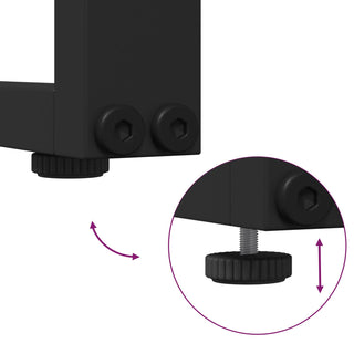 Close-up of a black metal leg from the vidaXL SOFAINSTORE 2 Piece Garden Armchair Set, showing two bolts and a height-adjustable foot. Inset displays vertical adjustment by twisting; matches perfectly with light grey cushions.