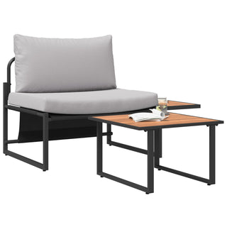 The vidaXL SOFAINSTORE 2 Piece Garden Armchair Set features light grey cushions and a sleek black frame, with a matching wooden-top table perfect for your drink and magazine outdoors.