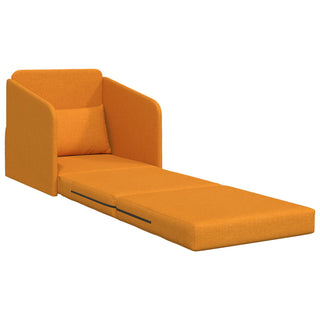 A dark yellow, fabric vidaXL Floor Sofa Bed 2-in-1 (65x80x83 cm) with cushioned backrest and armrests folds flat into a small bed. A matching pillow rests against the backrest of this versatile vidaXL design.