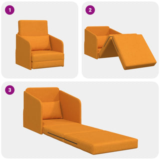 A three-step sequence shows the vidaXL Floor Sofa Bed 2-in-1 (65x80x83 cm, Dark Yellow, Fabric) changing: 1) as an armchair, 2) with the seat unfolding, and 3) fully extended into a flat single bed.