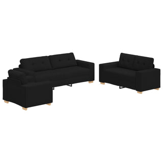The vidaXL 3-Piece Sofa Set with Cushions in Black Fabric includes a three-seater with a left chaise and a two-seater, both with wooden block legs—an ideal modern choice for contemporary living rooms.