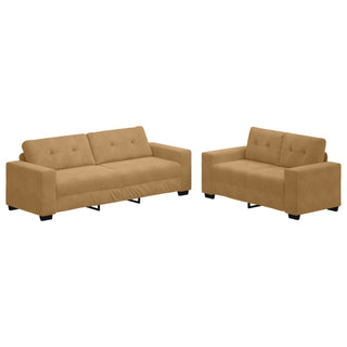 Upgrade your space with the vidaXL SOFAINSTORE 2 Seater + 3 Seater Velvet Sofa Set in ochre brown—modern design, wide arms, low backs, black legs, and button-tufted seats for a stylish living room.