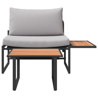 The SOFAINSTORE 2 Piece Garden Armchair Set by vidaXL features outdoor lounge chairs with light grey cushions, a black frame, and attached wooden side tables—ideal to complete your garden sofa set. Photographed on a white background.