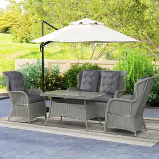 Outsunny Garden PE Rattan Dining Sofa Set, Outdoor 4 Seater Wicker Furniture, High Back Chairs with Cushions, Tempered Glass Coffee Table for Patio, Light Grey - Sofa In Store