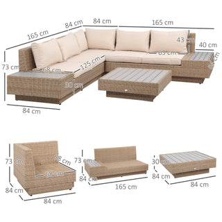 The Outsunny 4 PCs Rattan Garden Furniture Set includes a beige outdoor sectional corner sofa with cushions, coffee table, and an armrest side table. Each piece is measured in cm; seat and table dimensions are listed separately below.