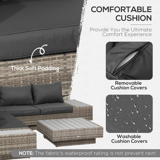 The Outsunny 4 PCs Rattan Garden Furniture Set features a light grey outdoor sectional sofa and coffee table with armrests and thick cushions. Washable, waterproof covers offer easy care for comfort and style in your garden or conservatory.