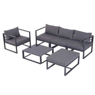 Outsunny 6 PCs Outdoor Indoor Sectional Sofa Set Thick Padded Cushions Aluminium Frame 5 Seaters 1 Coffee Table Footrest Grey - Sofa In Store