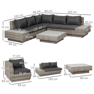 The Outsunny 4 PCs Rattan Garden Furniture Set features a light grey wicker sectional corner sofa, armless seat, armrest, and coffee table with cushions. Dimensions are labeled in cm. Perfect for conservatory or outdoor use.
