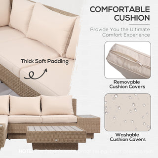 The Outsunny 4 PCs Rattan Garden Furniture Set features a beige cushioned sectional corner sofa and coffee table. With thick, removable, washable cushions and water-resistant fabric, its ideal for relaxing or entertaining outdoors.