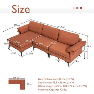 The Costway SOFAINSTORE Burnt Orange Fabric Sectional Sofa is a 3-seater L-shape with a reversible chaise (130 cm deep, total length 255.5 cm), USB ports, measured cushions, and supports up to 900 kg.