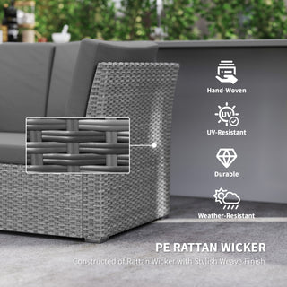 Close-up of the Outsunny Seven-Piece Rattan Garden Sofa Set in light grey, featuring hand-woven PE rattan wicker and gray cushions. Icons highlight its hand-woven design, UV resistance, durability, and weather-resistant construction.