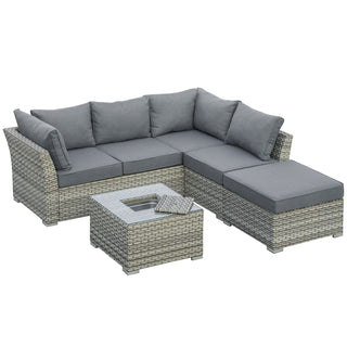 Outsunny 5-Seater Patio PE Rattan Corner Sofa Set, Outdoor Wicker Sectional Conversation Aluminum Frame Furniture Set w/ Padded Cushion, Tea Table with Ice Bucket, Light Grey - Sofa In Store