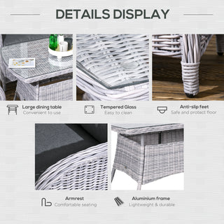 Collage showing features of the Outsunny Garden PE Rattan Dining Sofa Set: high back cushioned chairs, tempered glass coffee table, wicker design, cushioned armrests, stable anti-slip feet, and durable aluminum frame—highlighting convenience, safety, comfort & durability.