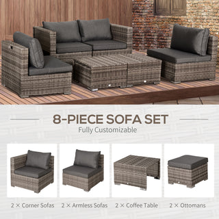 Outsunny 8 Pieces Rattan Garden Furniture Set, Garden Corner Sofa Set with 4 Chairs, 2 Footstools, 2 Coffee Tables and Cushions, Space-Saving Design, No Assembly Required, Grey - Sofa In Store